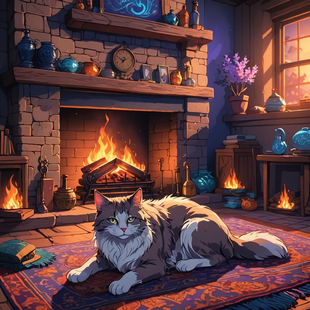 Anime Pet Asleep by Fireplace in 2D Animation