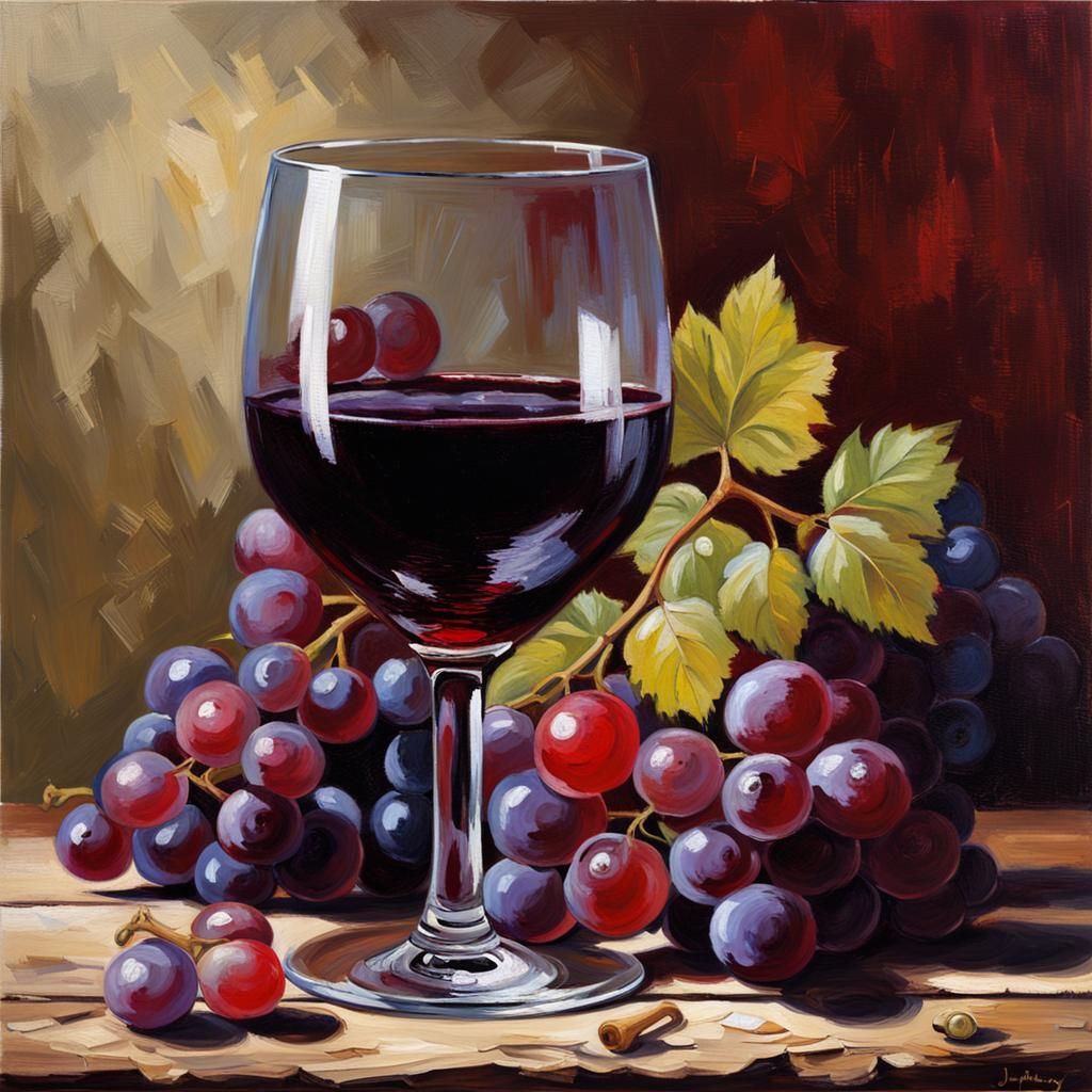 Red Wine and Grapes: Oil Painting Still Life