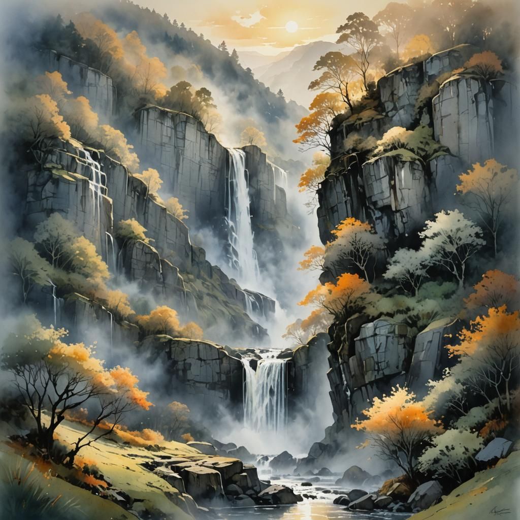 Sunrise Waterfall in a Misty Valley Landscape