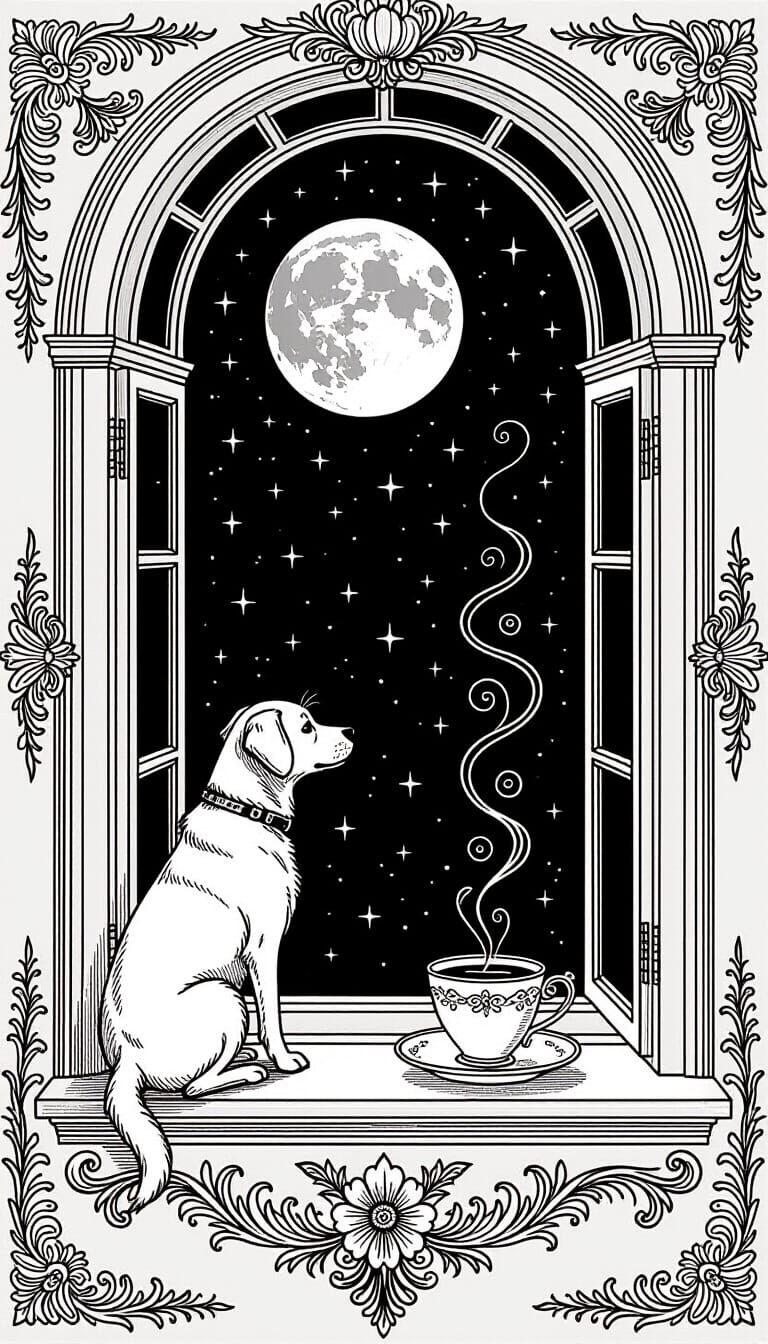 Elegant Rococo Dog Gazes at Moonlit Night