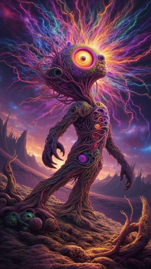 Surreal Moth Man Under Rainbow Lightning