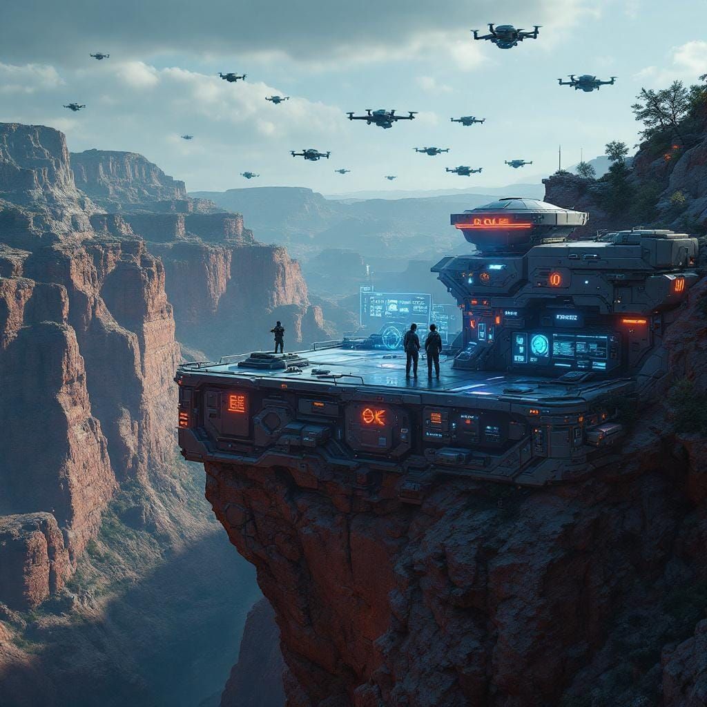 Cyberpunk Military Outpost on Canyon Edge