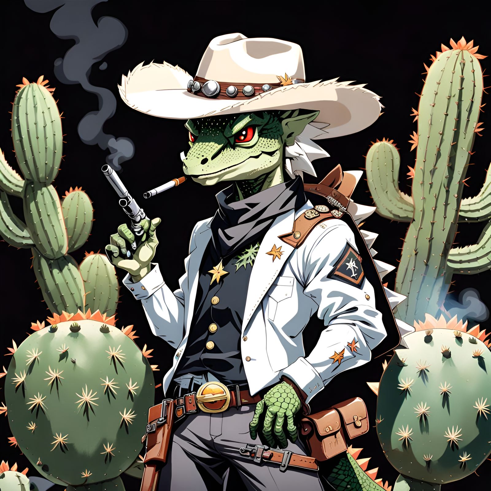 Cowboy Lizard Smoker in Anime Style