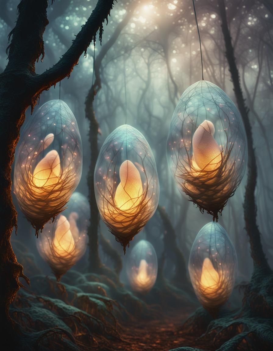Glowing Cocoons in Misty Enchanted Forest