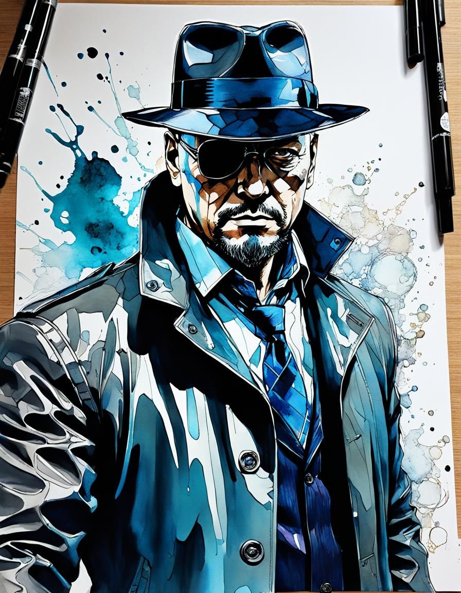 Hyperdetailed Metallic Detective in Alcohol Ink Style