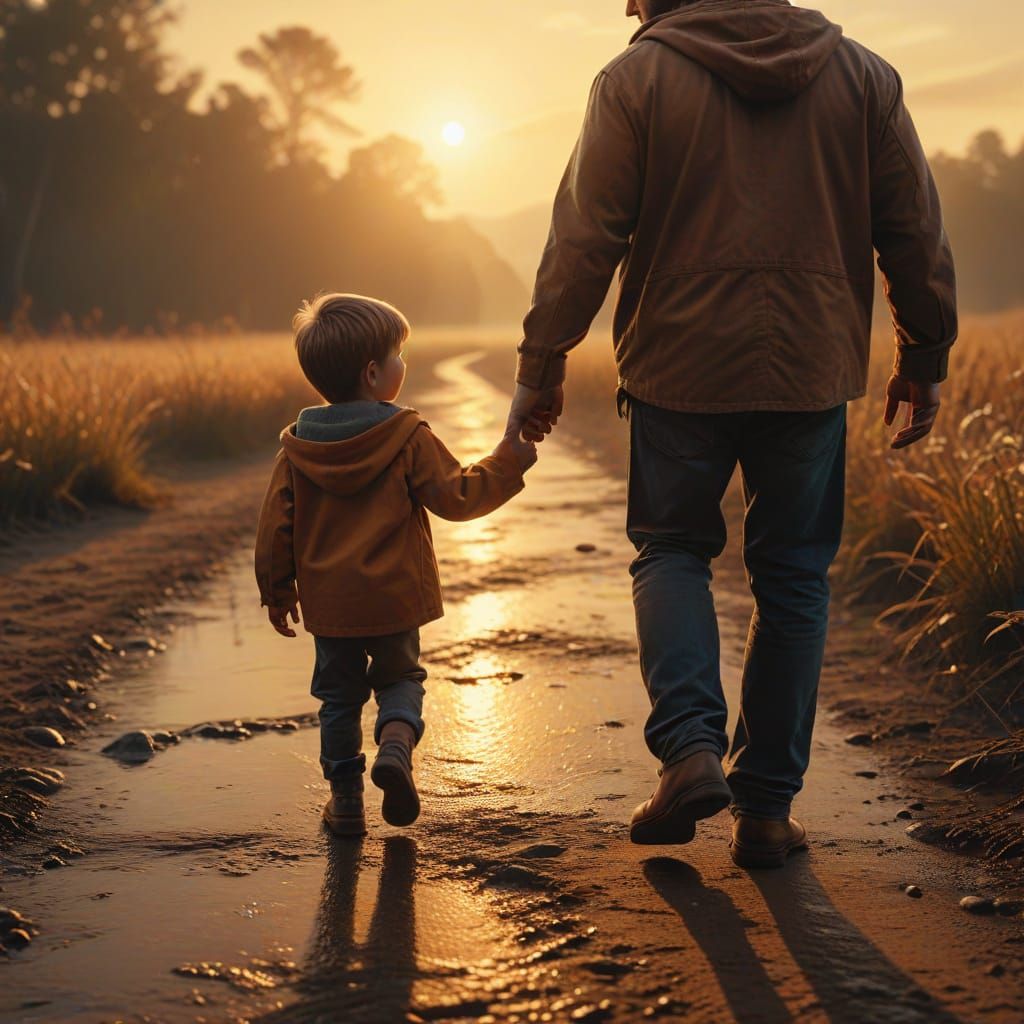 Father and Son at Sunset in Oil Painting Style