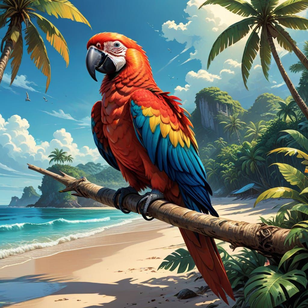 Vibrant Tropical Beach Scene with Perched Macaw