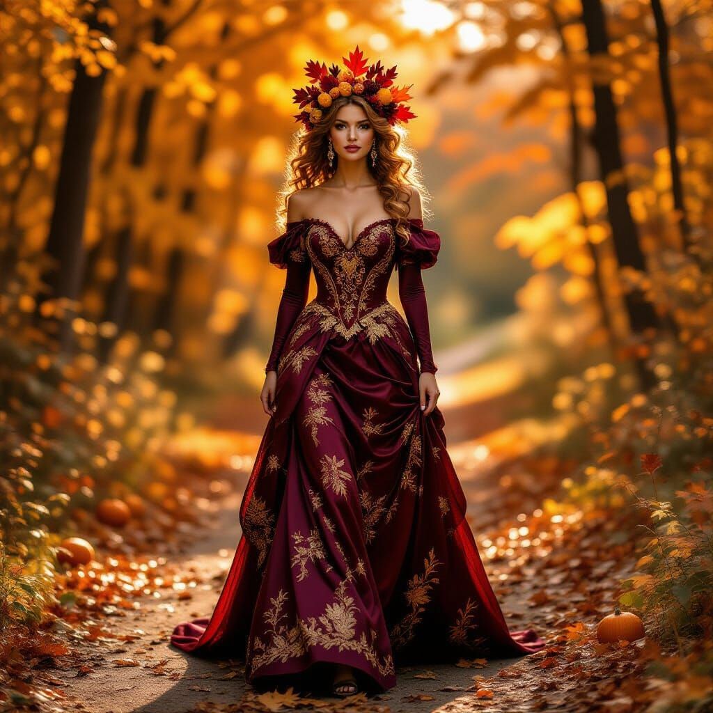Autumn temptress with bronze curls, her crown a burst of map...