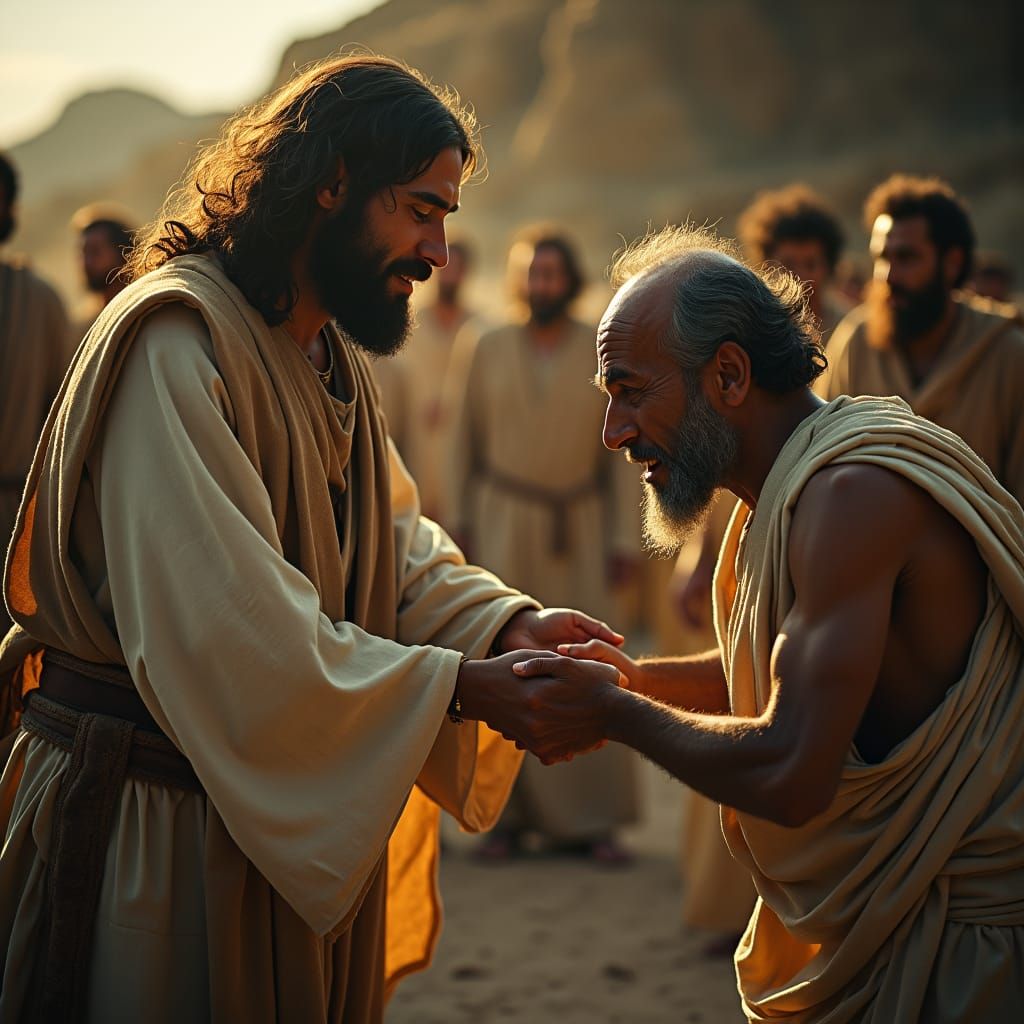 Yeshua healing a crippled, blind and leperous man.