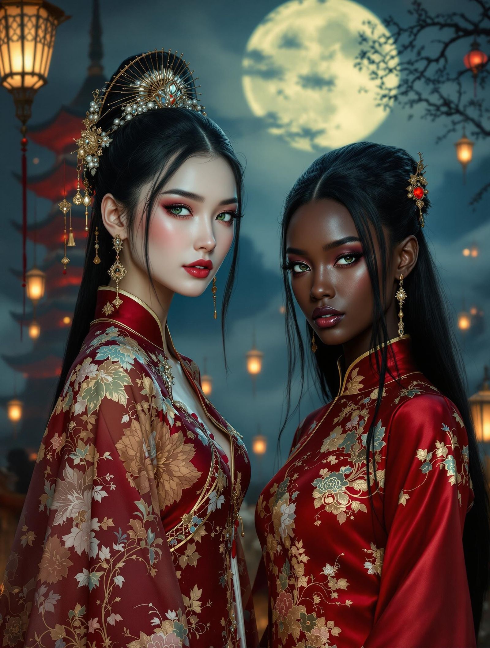 Ethereal Vampire Women Amidst Ancient Pagoda