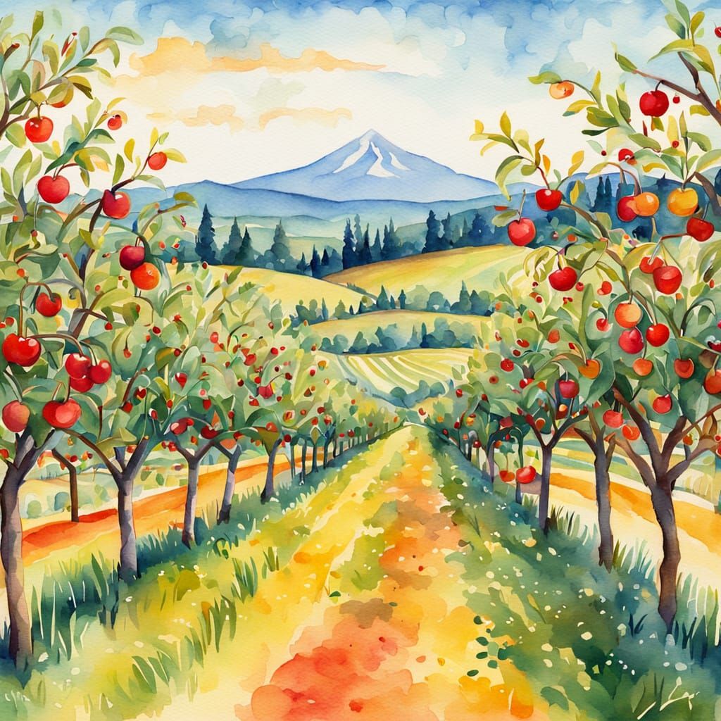 Whimsical Watercolor Cherry Orchard Illustration