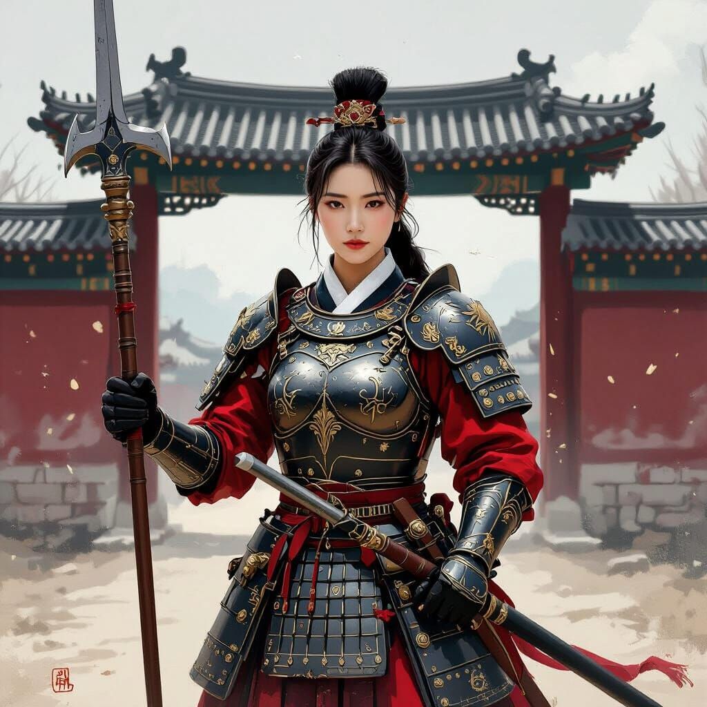 Korean Royal Guard Female Soldier with Halberd
