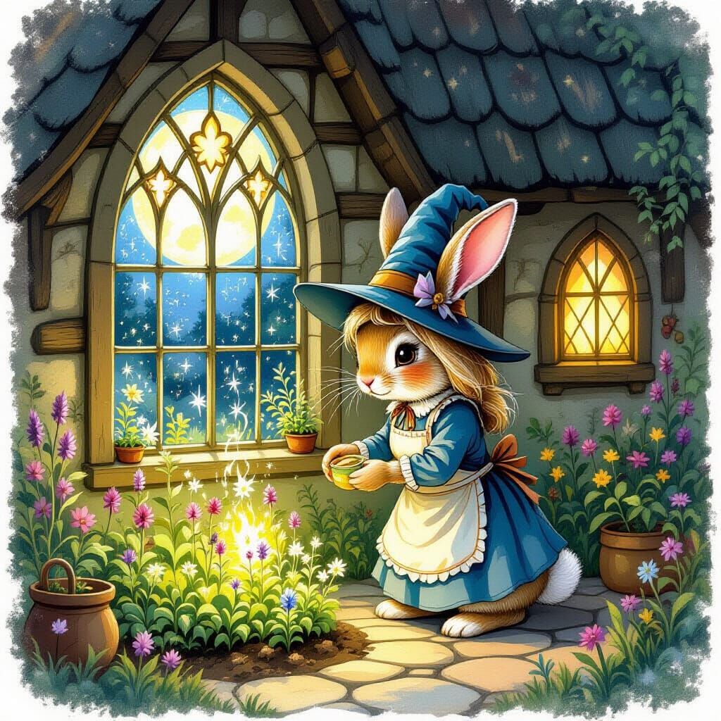 Whimsical Witch Bunny Tends Enchanted Garden in Storybook Co...