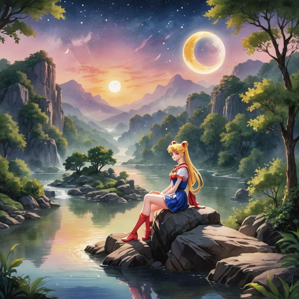 Sailor Moon Gazing at Crescent Moon: Digital Art