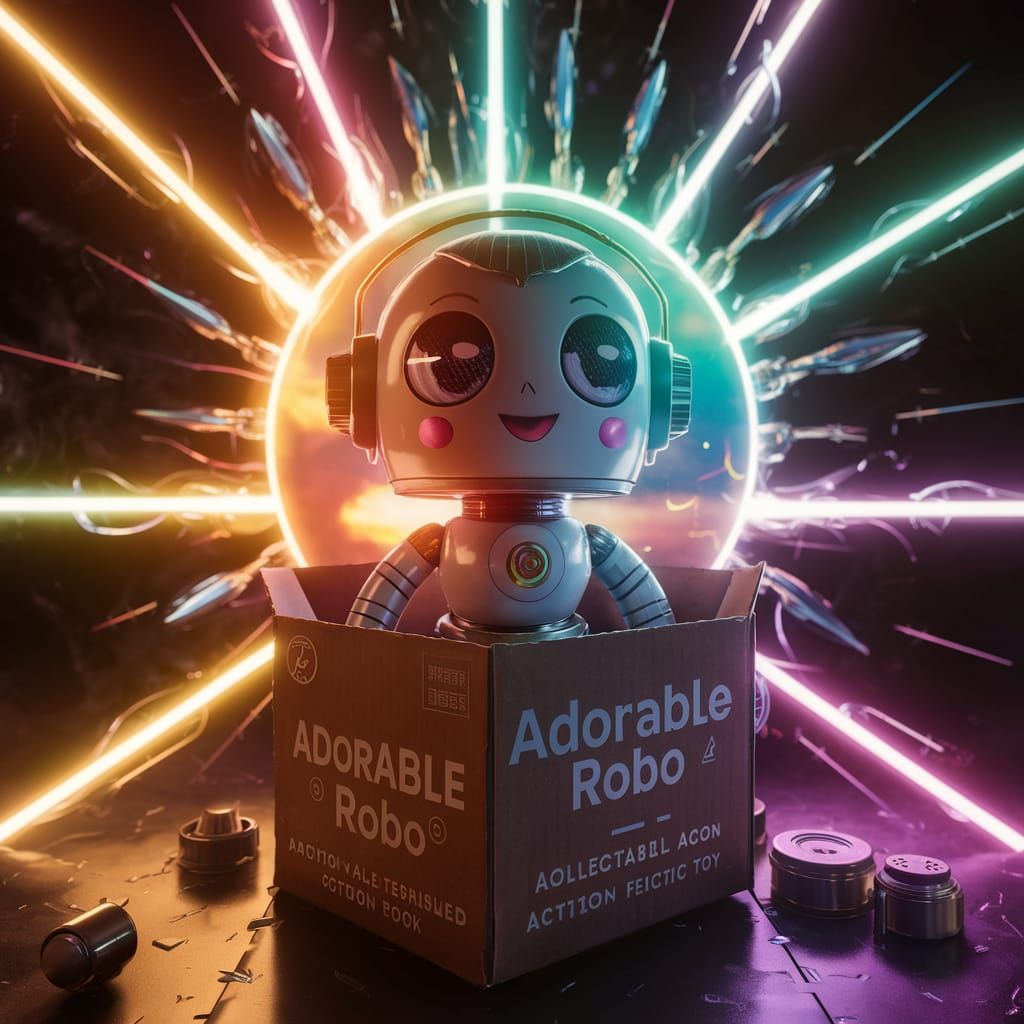 Retrofuturistic Kawaii Robot in a Bright, Colorful Box