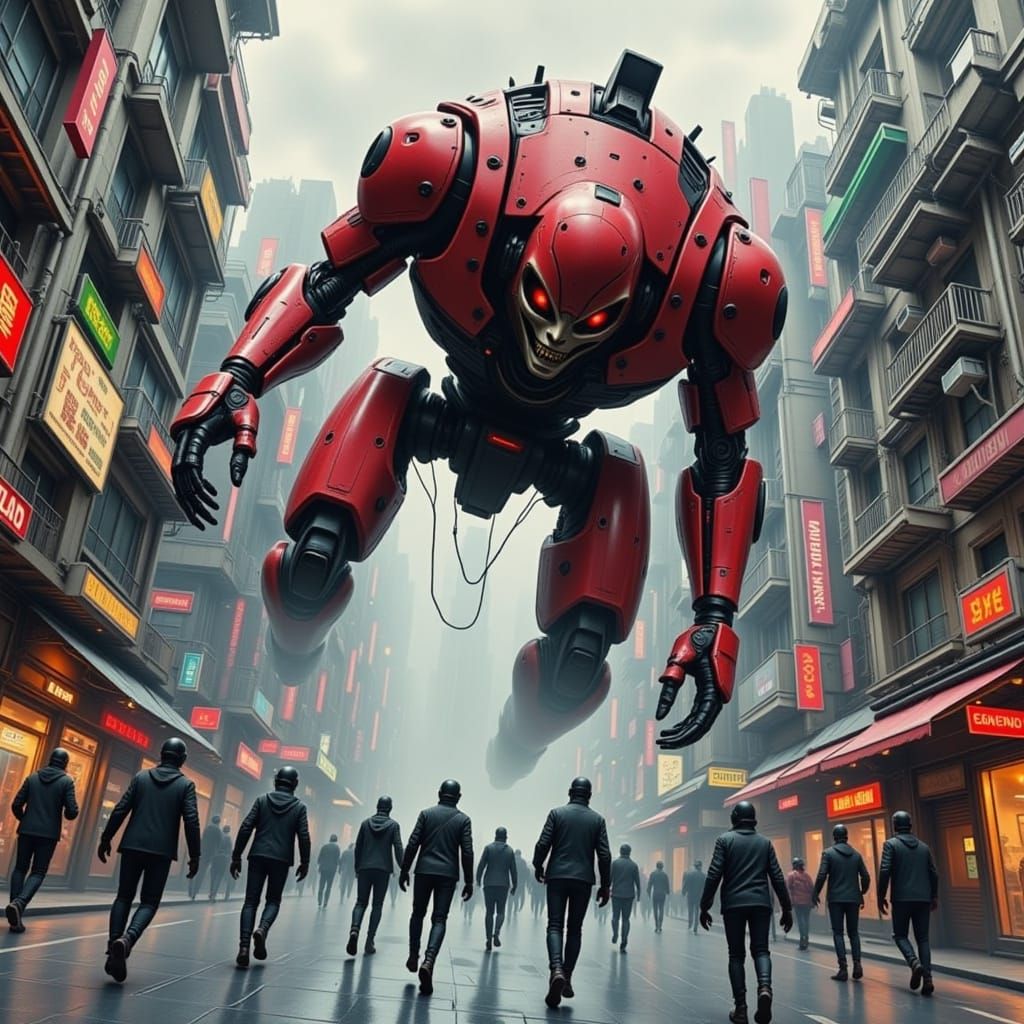 Futuristic Dystopian City Under Siege by Rogue War Robot