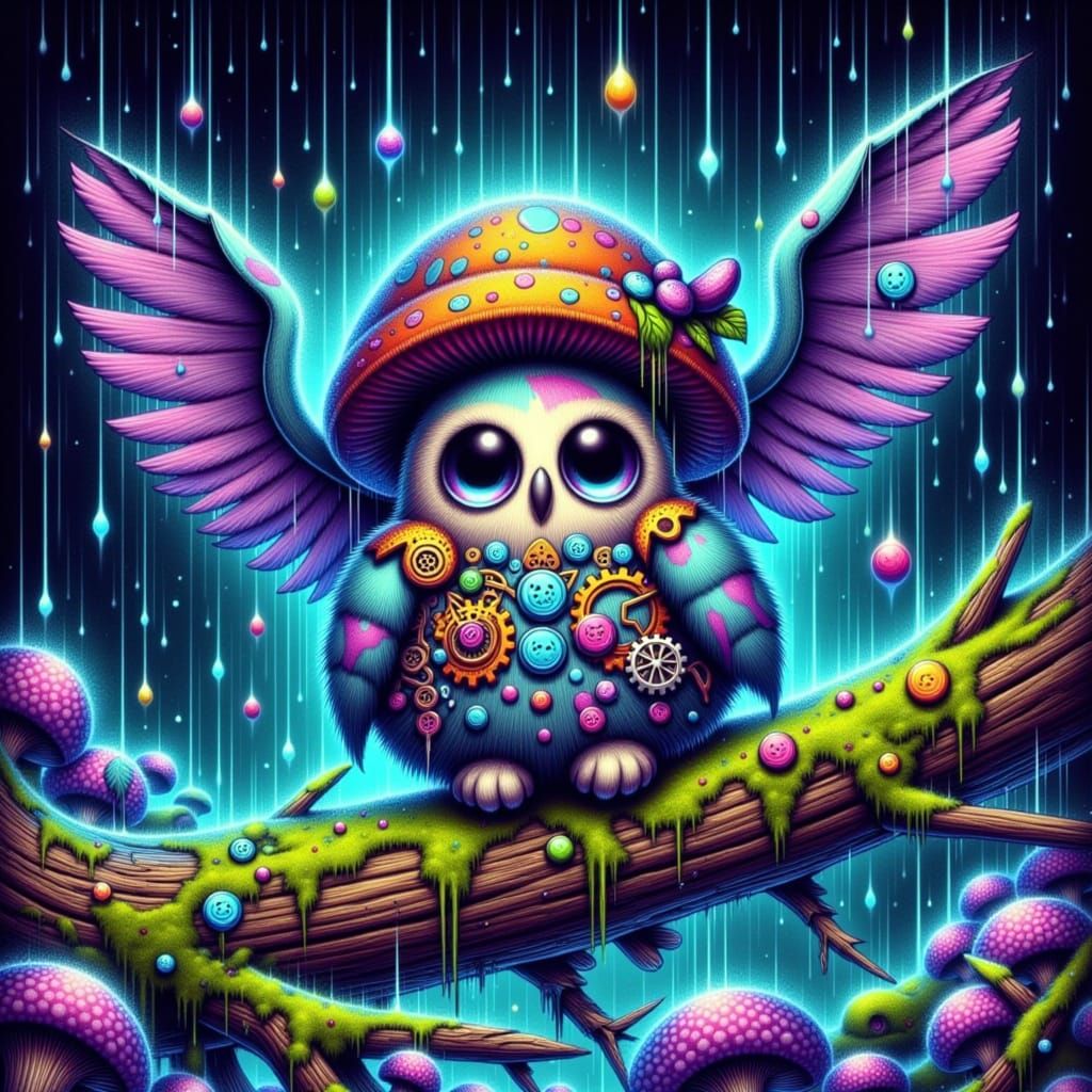 Steampunk Owl Perched on Bioluminescent Tree
