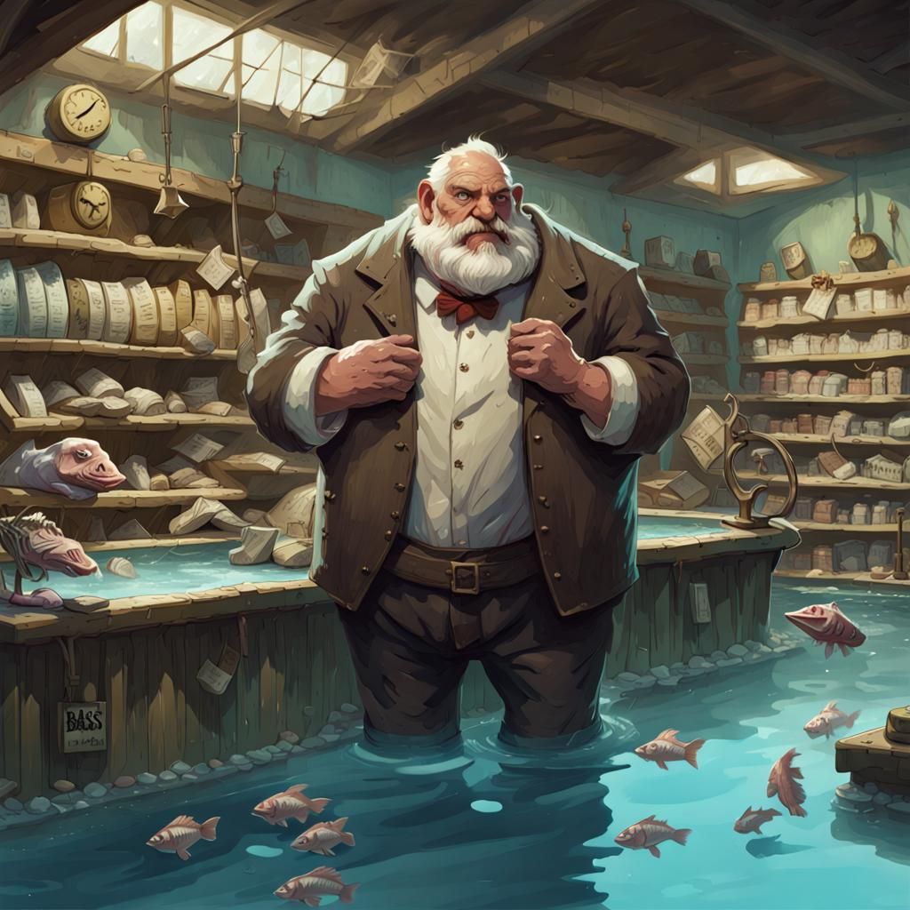 Giant Bass Shop Owner in Fantasy Drug Store