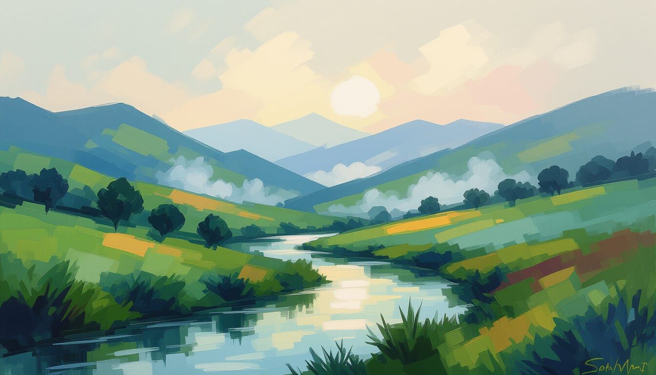 Impressionistic Landscape with River and Misty Mountains