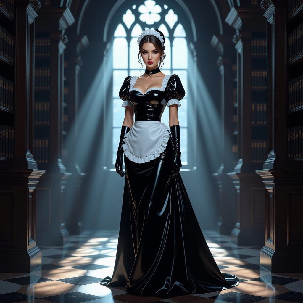 Stunning Latex Maid in Moonlit Library