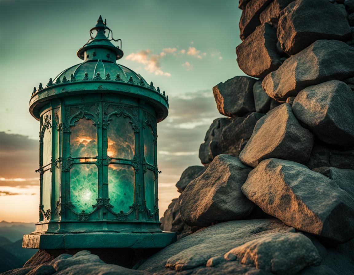 Ornate Lantern in Ancient Stone Tower at Dusk