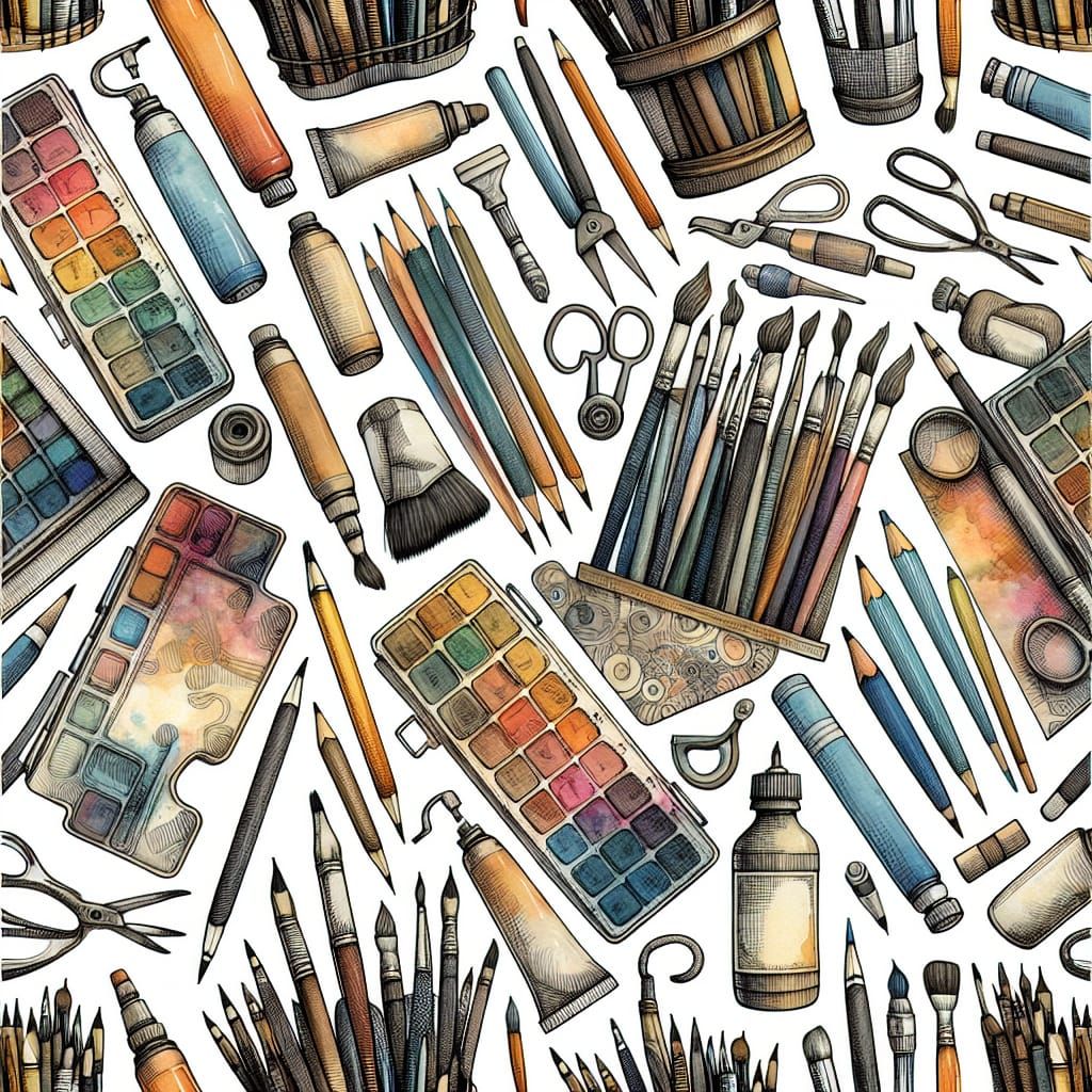 Seamless tiling graphic repeat pattern of art supplies, single line pencil drawing, hand painted watercolor washes, colo...