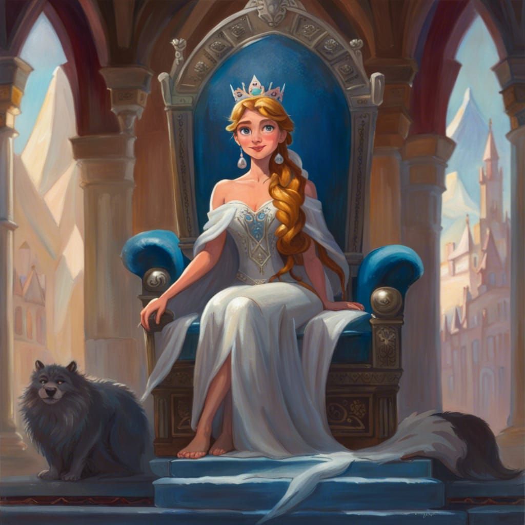 Goddess on Stone Throne in Oil Painting Style