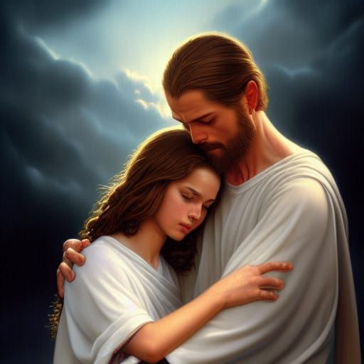 Jesus Christ Comforting Woman: Fine Art Portrait