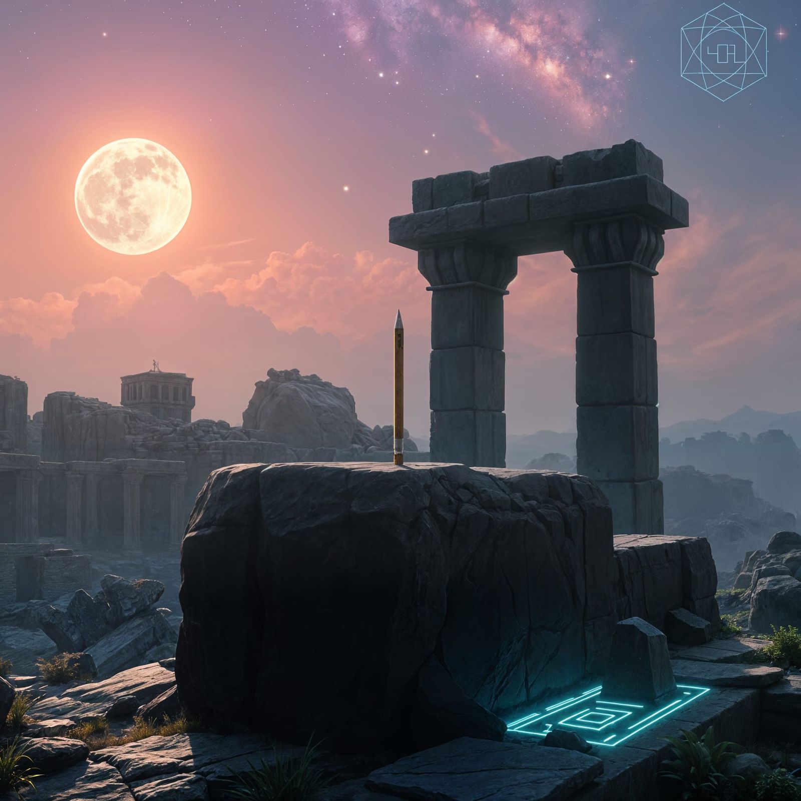 Ancient Pencil on Altar in Ruined Tech Sanctuary