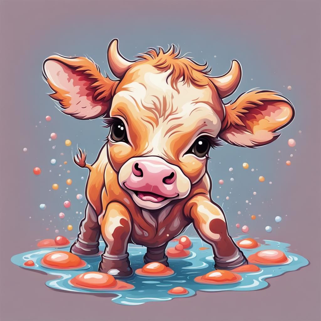 Adorable Baby Calf Playing in Puddle, Kawaii Style
