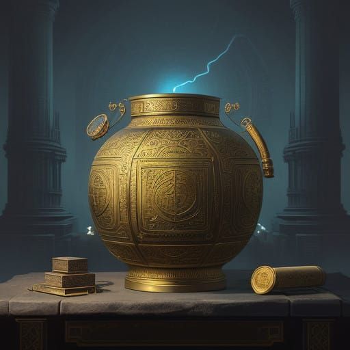 Ancient Encyclopedia and Mysterious Jar in Futuristic Indust...