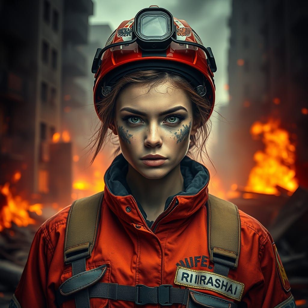Soot-Streaked Firefighter in Burning City: Photorealistic Po...