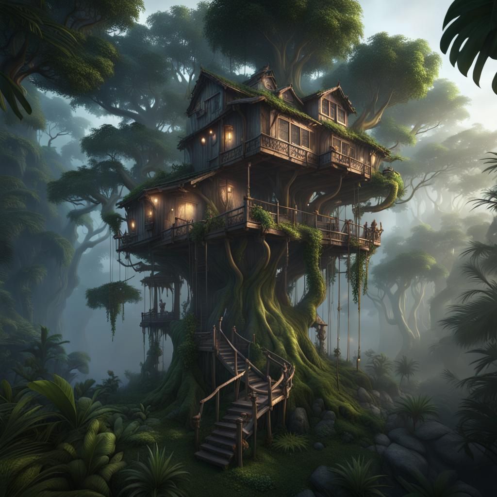 Misty Jungle Treehouse: Detailed Matte Painting