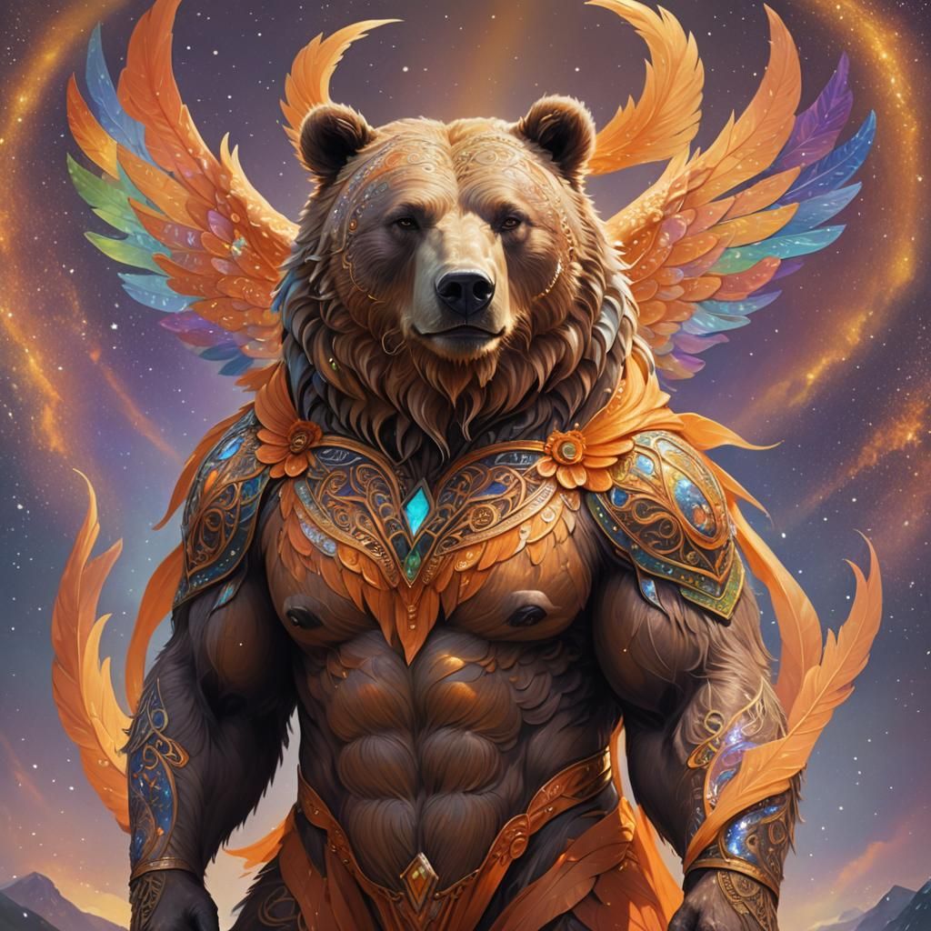rainbow sparkle wings on anthropomorphic male fairy-Gaelic Bear God in a loin-cloth orange color scheme