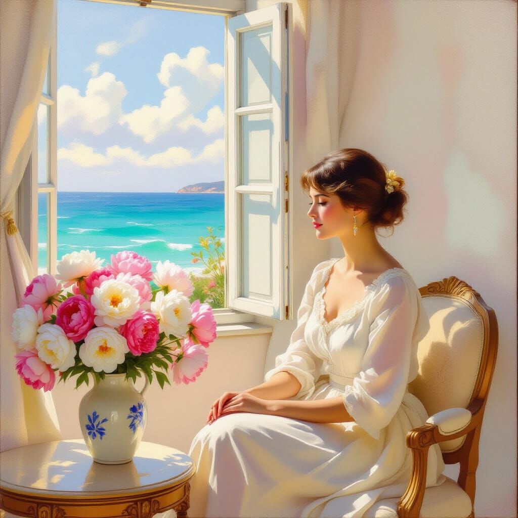 Sunlit Room With Peonies Overlooking Seascape