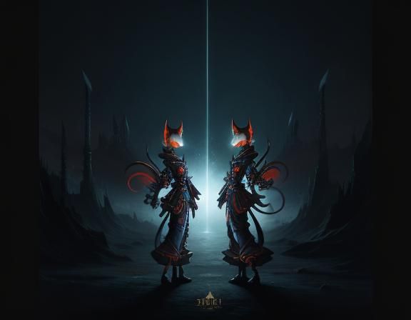 Alien Kitsune Twins in Remote Village: Fantasy Art