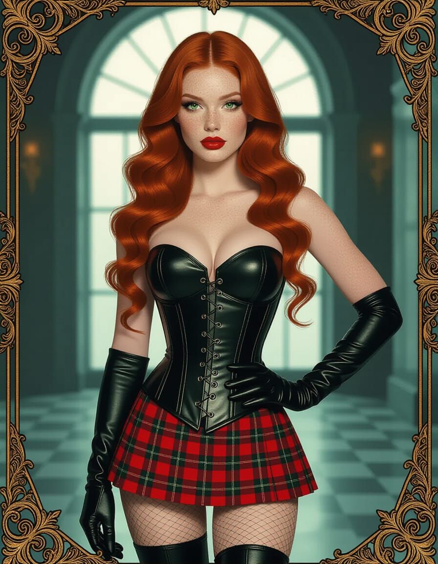 Fiery Redhead in Leather Corset, Art Nouveau Style