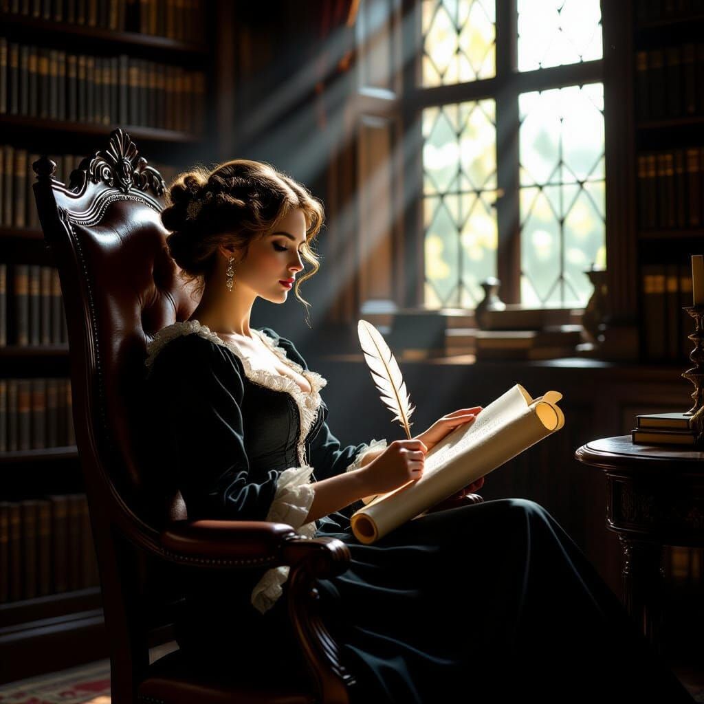 Woman Writing in Library, Vintage Oil Painting