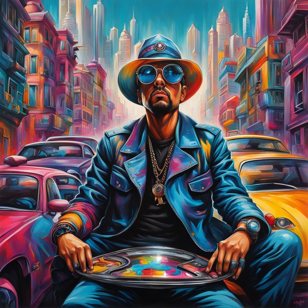 Stylish Man in Futuristic City as Graffiti Art