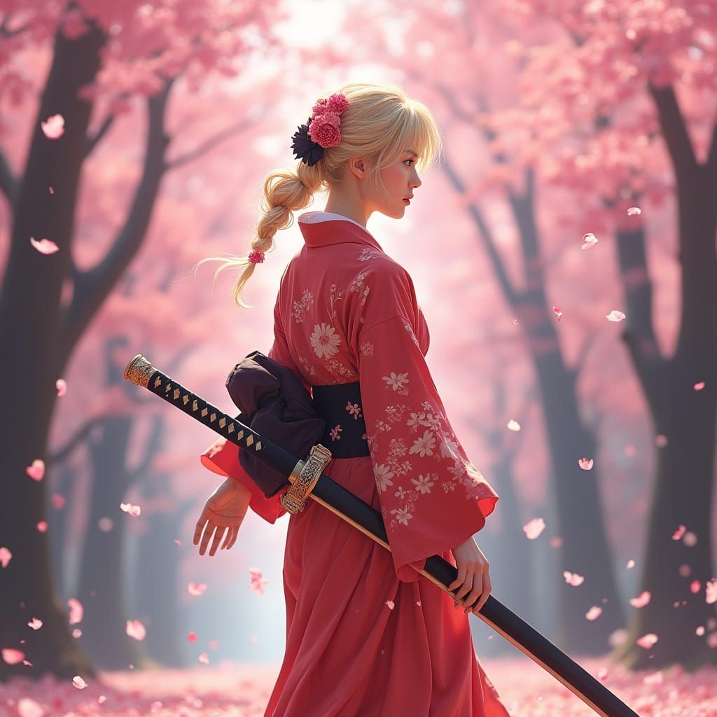 Blonde Woman with Samurai Sword in Cherry Blossoms