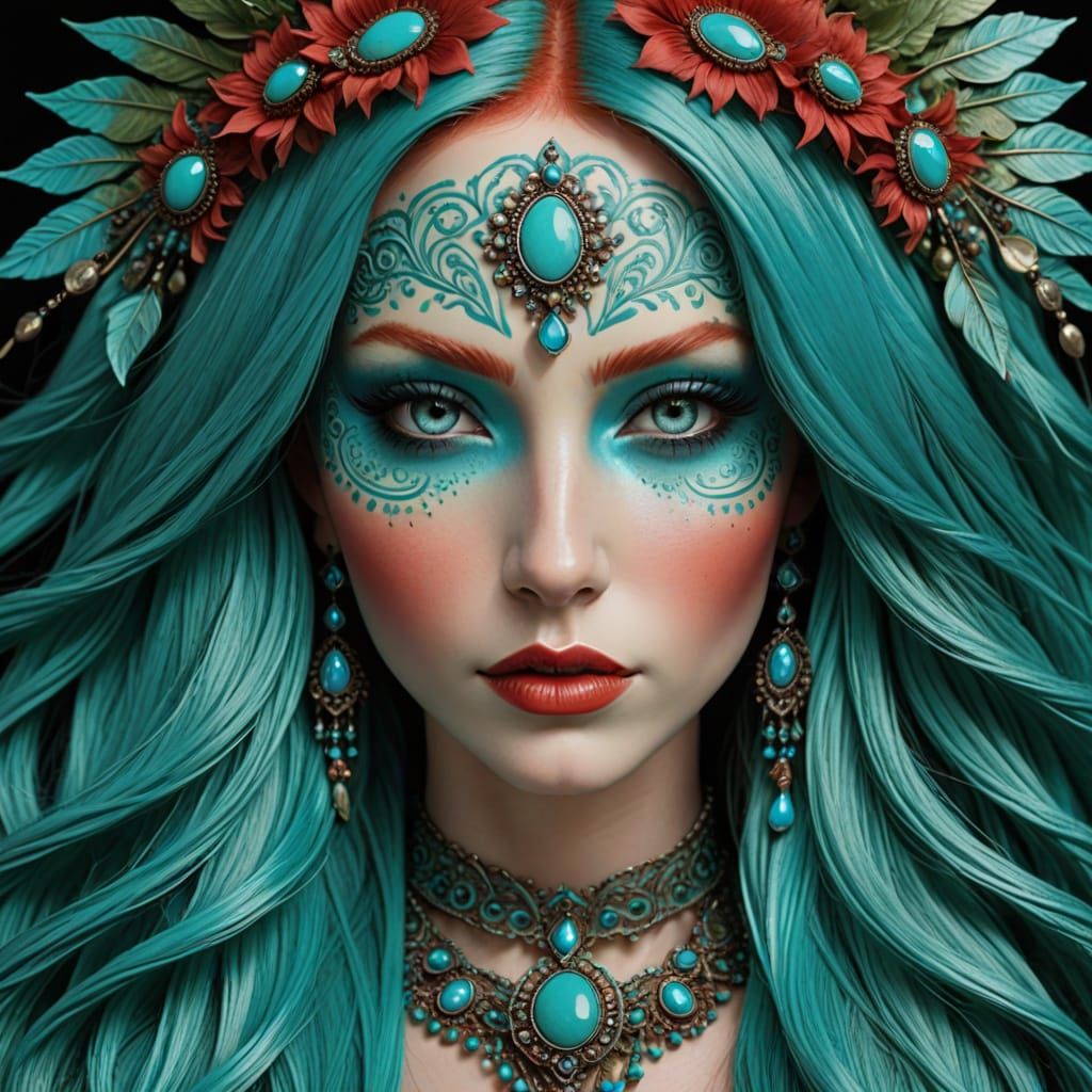 Turquoise Beauty with Vermillion Hair, Digital Portrait