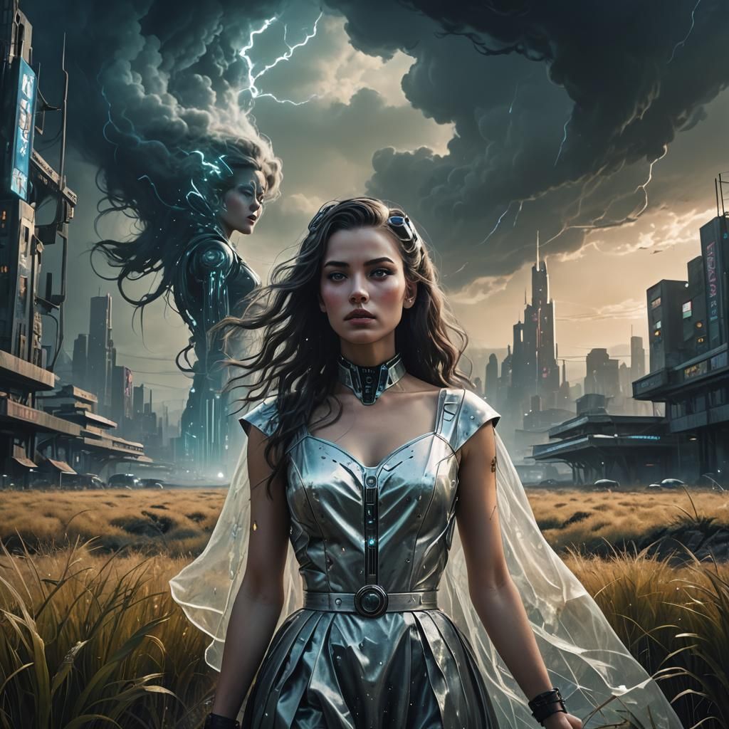 Cyberpunk Woman in Surreal Apocalyptic Cityscape