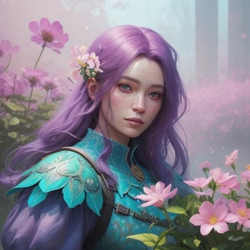 Puffy Lady in Virtual Garden: Watercolor Digital Art