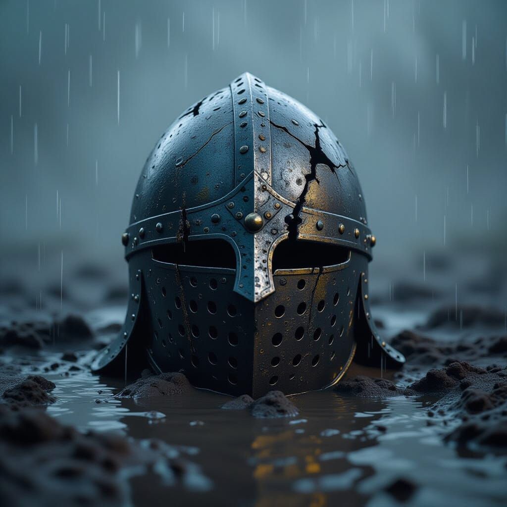 Medieval Helmet in Mud: Dark Fantasy Splash Art