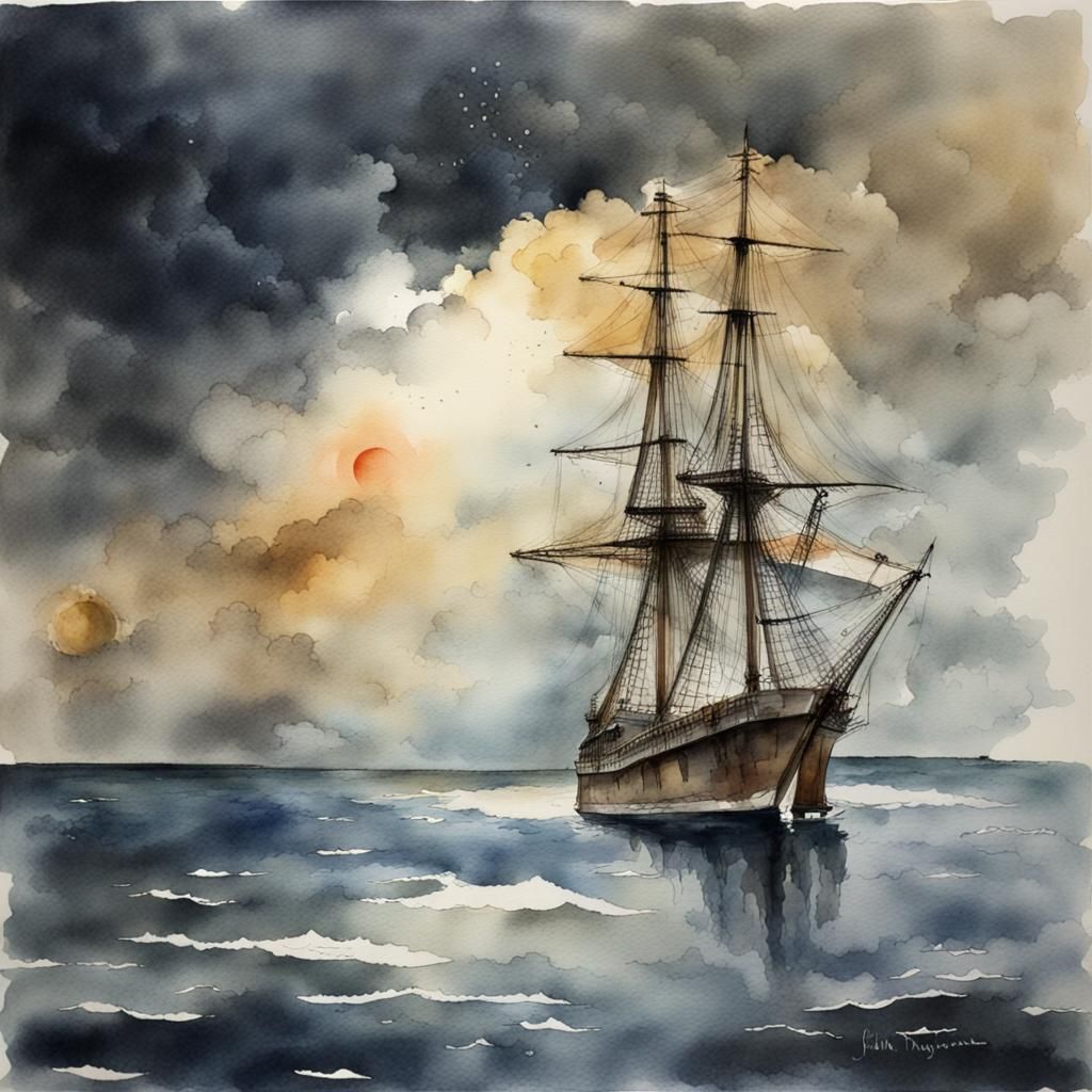 French Colonial Ship in Watercolor Seascape