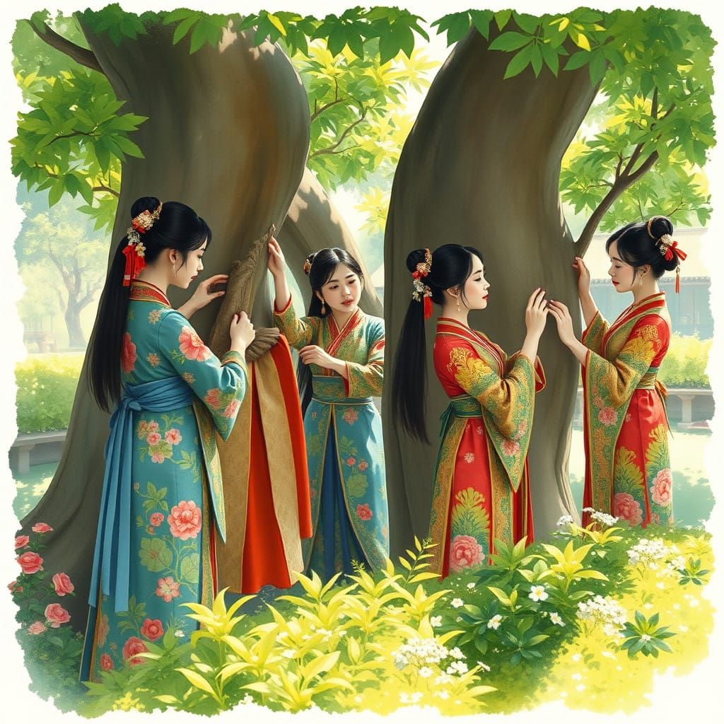 Asian Women in Traditional Garden Setting