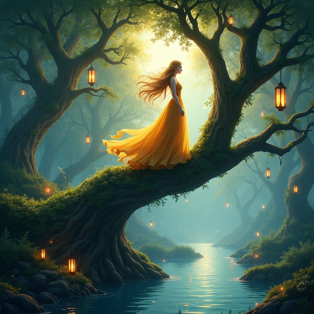 Golden Woman in Enchanted Forest, Matte Painting