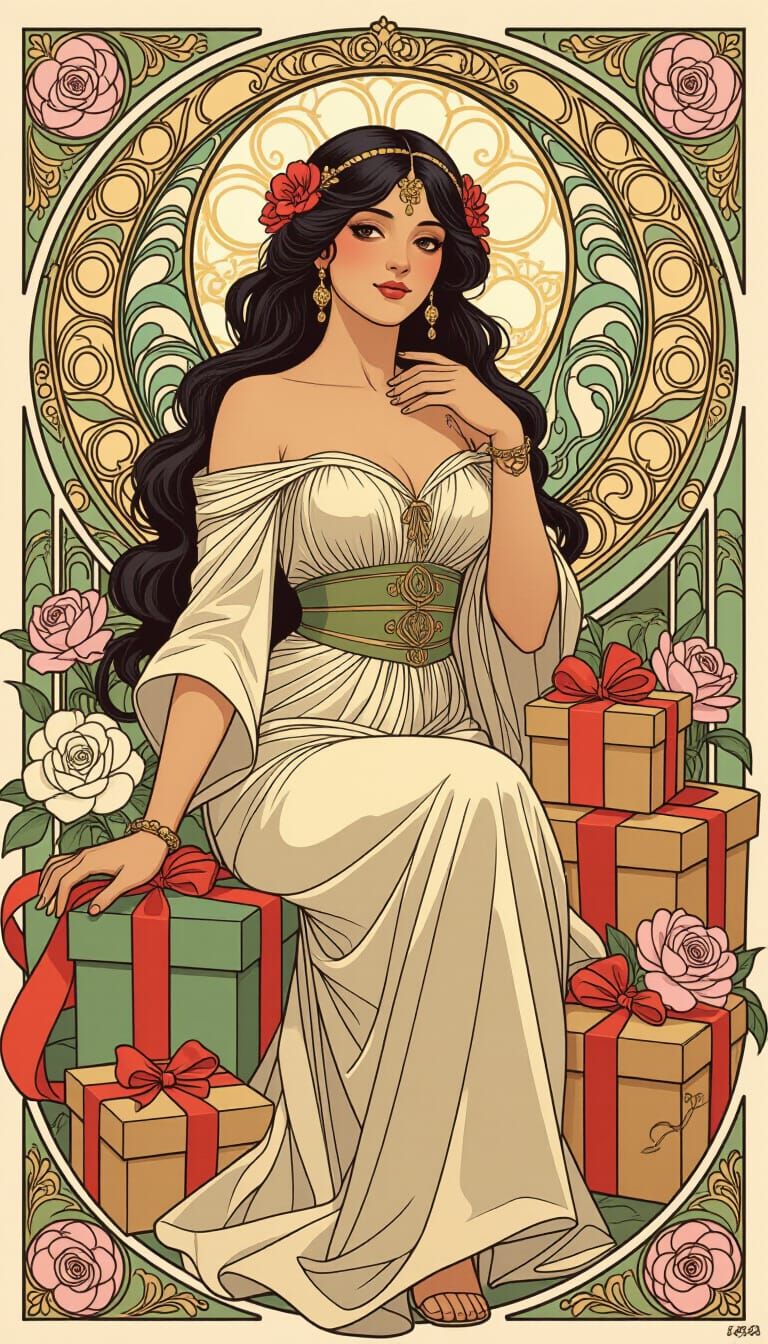 Elegant Woman Surrounded by Gifts in Art Nouveau Style