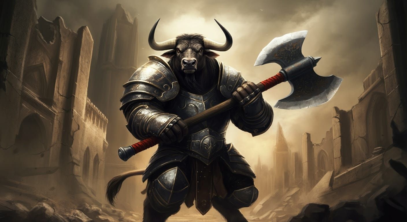 Minotaur Wields Mighty Battle Axe in Ruins