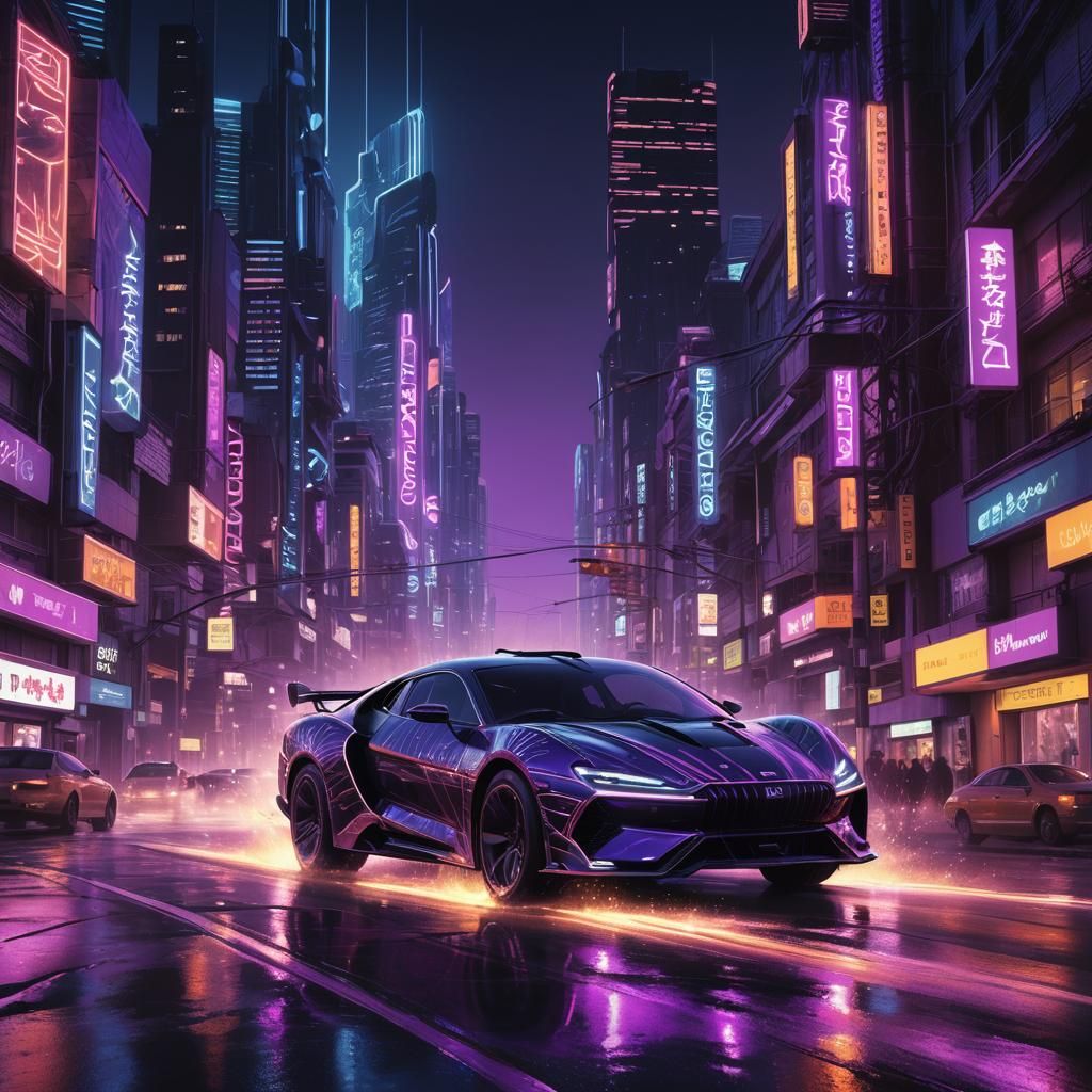 Futuristic Car Races Through Neon Cityscape